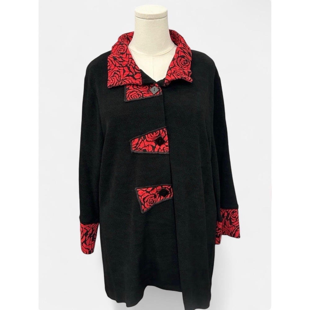 NWT Vibrant Red Rose and Black 2XL Jacket Mandarin Collar Art Deco Runway